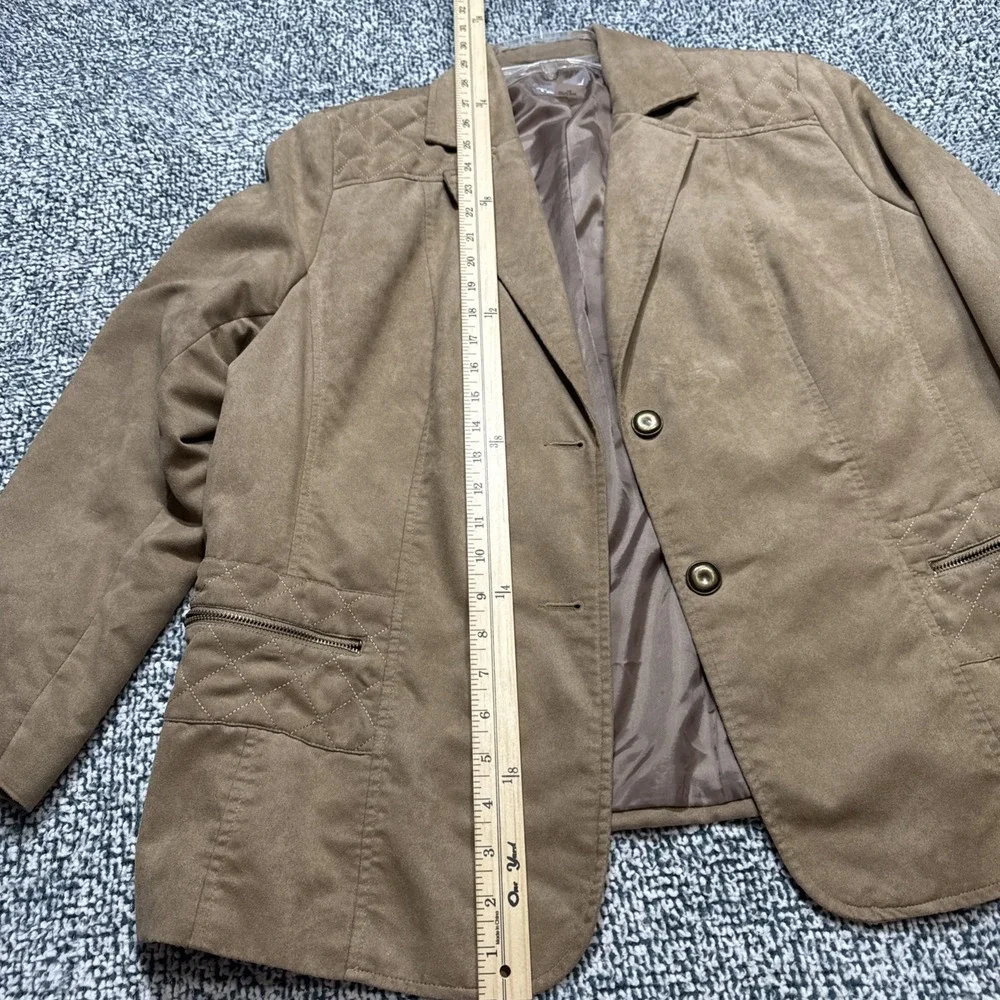 Tanjay Faux Suede Jacket Size 16 Tan Camel Quilted Shoulder Blazer Button Front